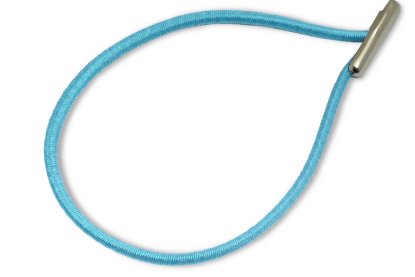 Gummischnüre in Tropfenform montiert, hellblau