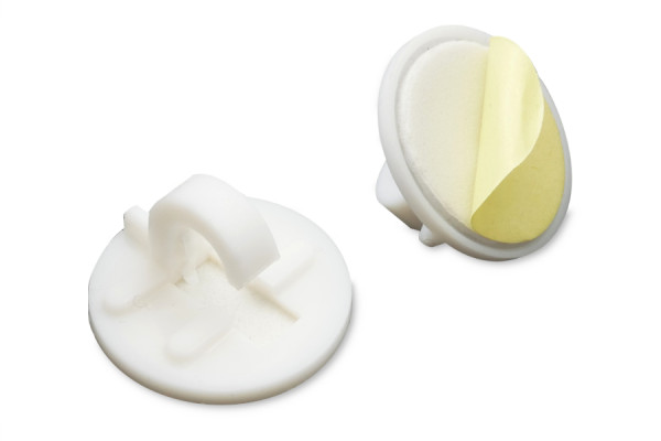 Sujetabolígrafos / ganchos con clip de plástico, autoadhesivos, 20 mm de diámetro, blancos